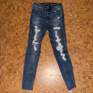 American Eagle Outfitters Women's Dark Blue Ripped Skinny Jeans